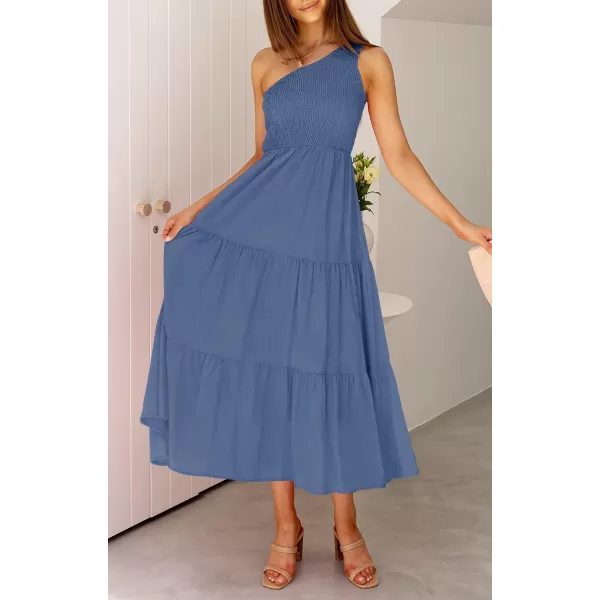 imageZESICA Womens 2023 Bohemian Summer Floral Print One Shoulder Sleeveless Smocked Ruffle Tiered Beach Long Midi DressSoliddarkblue