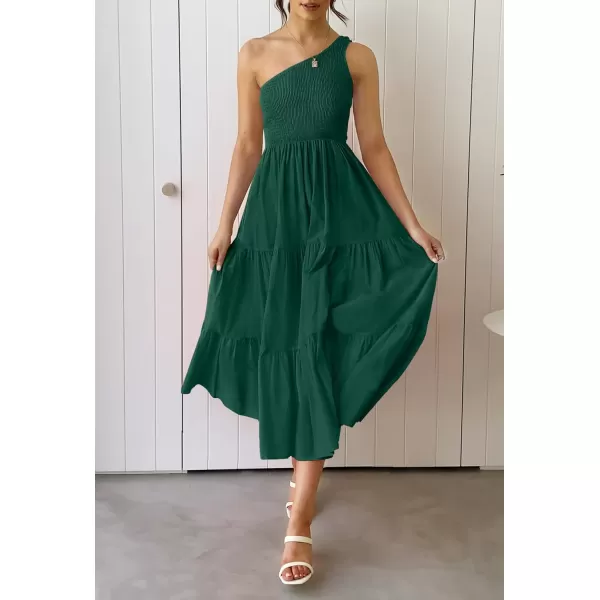 imageZESICA Womens 2023 Bohemian Summer Floral Print One Shoulder Sleeveless Smocked Ruffle Tiered Beach Long Midi DressSoliddarkgreen