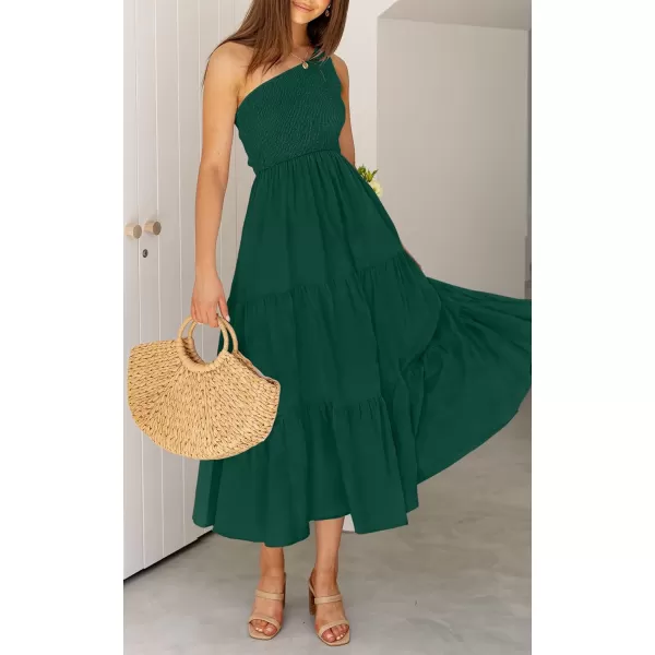imageZESICA Womens 2023 Bohemian Summer Floral Print One Shoulder Sleeveless Smocked Ruffle Tiered Beach Long Midi DressSoliddarkgreen