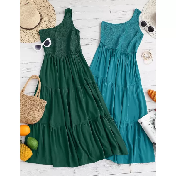 imageZESICA Womens 2023 Bohemian Summer Floral Print One Shoulder Sleeveless Smocked Ruffle Tiered Beach Long Midi DressSoliddarkgreen