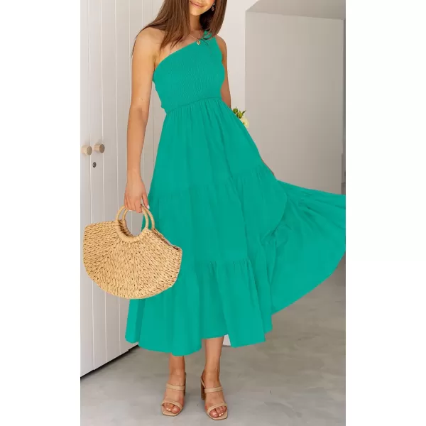 imageZESICA Womens 2023 Bohemian Summer Floral Print One Shoulder Sleeveless Smocked Ruffle Tiered Beach Long Midi DressSolidgreen