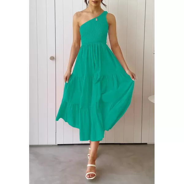 imageZESICA Womens 2023 Bohemian Summer Floral Print One Shoulder Sleeveless Smocked Ruffle Tiered Beach Long Midi DressSolidgreen