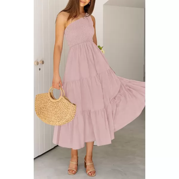 imageZESICA Womens 2023 Bohemian Summer Floral Print One Shoulder Sleeveless Smocked Ruffle Tiered Beach Long Midi DressSolidpink