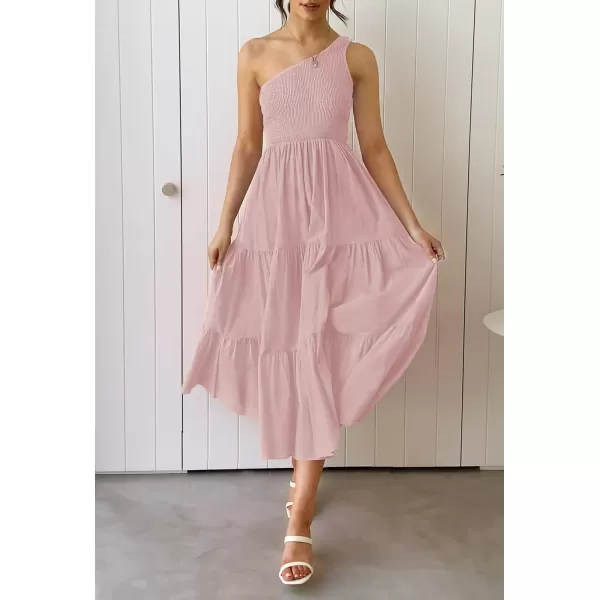 imageZESICA Womens 2023 Bohemian Summer Floral Print One Shoulder Sleeveless Smocked Ruffle Tiered Beach Long Midi DressSolidpink