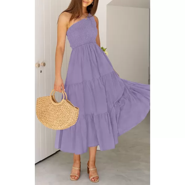 imageZESICA Womens 2023 Bohemian Summer Floral Print One Shoulder Sleeveless Smocked Ruffle Tiered Beach Long Midi DressSolidpurple