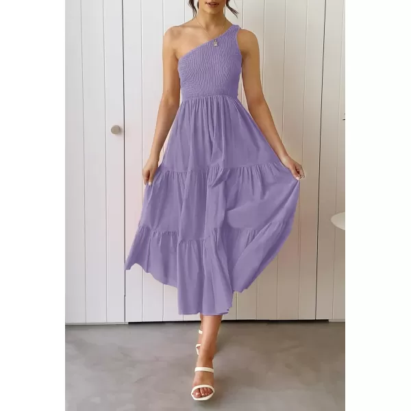 imageZESICA Womens 2023 Bohemian Summer Floral Print One Shoulder Sleeveless Smocked Ruffle Tiered Beach Long Midi DressSolidpurple