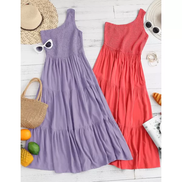 imageZESICA Womens 2023 Bohemian Summer Floral Print One Shoulder Sleeveless Smocked Ruffle Tiered Beach Long Midi DressSolidpurple