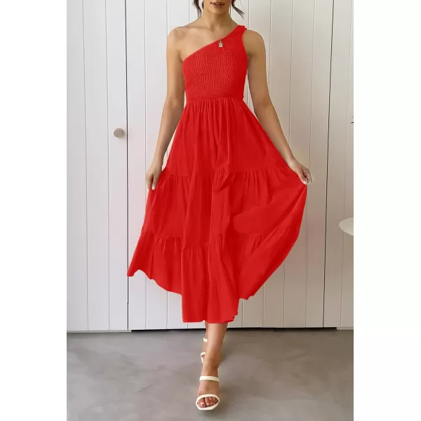 imageZESICA Womens 2023 Bohemian Summer Floral Print One Shoulder Sleeveless Smocked Ruffle Tiered Beach Long Midi DressSolidred