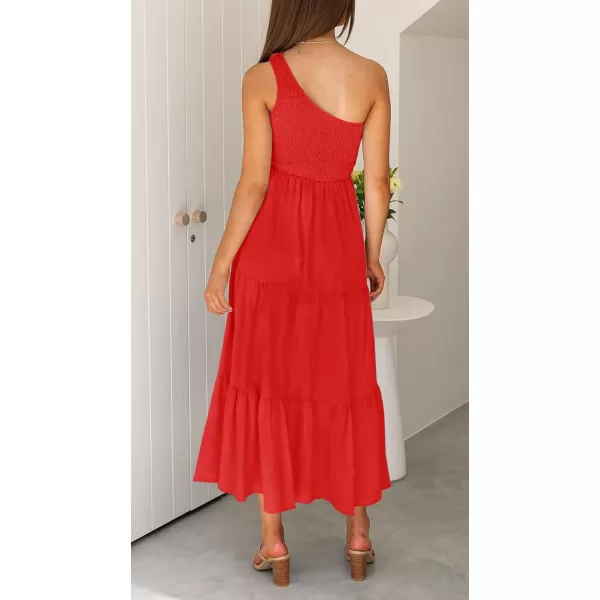 imageZESICA Womens 2023 Bohemian Summer Floral Print One Shoulder Sleeveless Smocked Ruffle Tiered Beach Long Midi DressSolidred