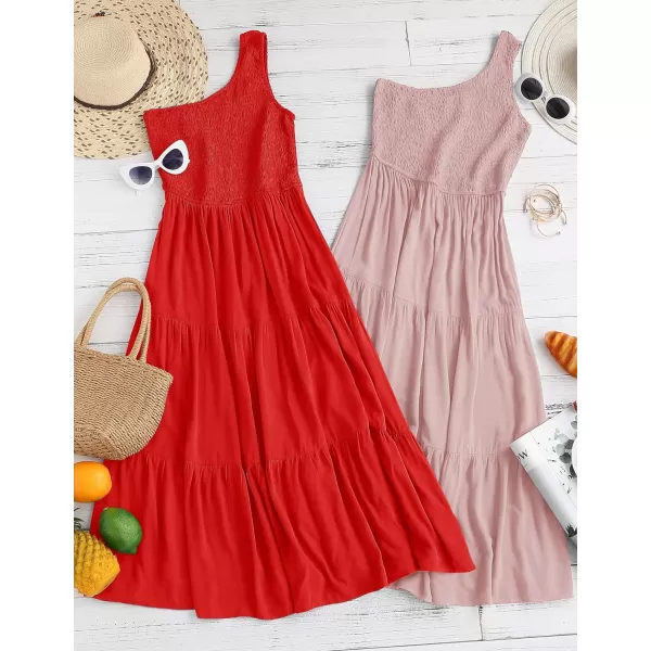 imageZESICA Womens 2023 Bohemian Summer Floral Print One Shoulder Sleeveless Smocked Ruffle Tiered Beach Long Midi DressSolidred