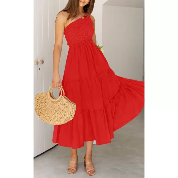 imageZESICA Womens 2023 Bohemian Summer Floral Print One Shoulder Sleeveless Smocked Ruffle Tiered Beach Long Midi DressSolidred