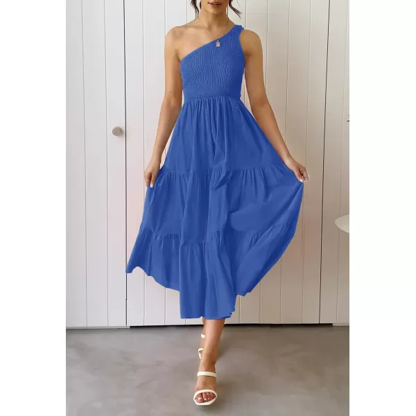 imageZESICA Womens 2023 Bohemian Summer Floral Print One Shoulder Sleeveless Smocked Ruffle Tiered Beach Long Midi DressSolidroyalblue