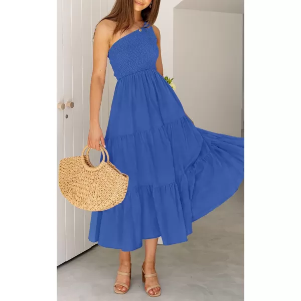 imageZESICA Womens 2023 Bohemian Summer Floral Print One Shoulder Sleeveless Smocked Ruffle Tiered Beach Long Midi DressSolidroyalblue