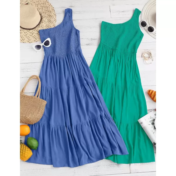 imageZESICA Womens 2023 Bohemian Summer Floral Print One Shoulder Sleeveless Smocked Ruffle Tiered Beach Long Midi DressSolidroyalblue