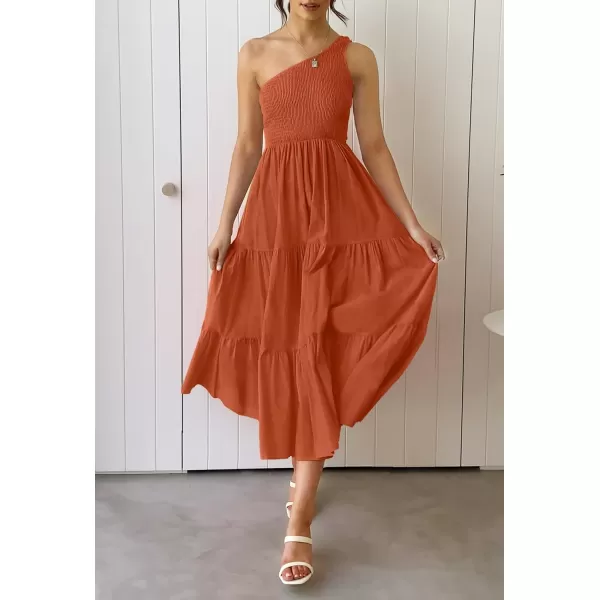 imageZESICA Womens 2023 Bohemian Summer Floral Print One Shoulder Sleeveless Smocked Ruffle Tiered Beach Long Midi DressSolidrust