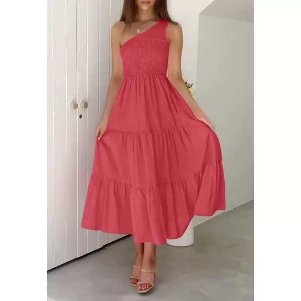 imageZESICA Womens 2023 Bohemian Summer Floral Print One Shoulder Sleeveless Smocked Ruffle Tiered Beach Long Midi DressSolidwatermelon