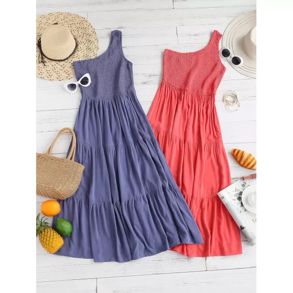 imageZESICA Womens 2023 Bohemian Summer Floral Print One Shoulder Sleeveless Smocked Ruffle Tiered Beach Long Midi DressSolidwatermelon