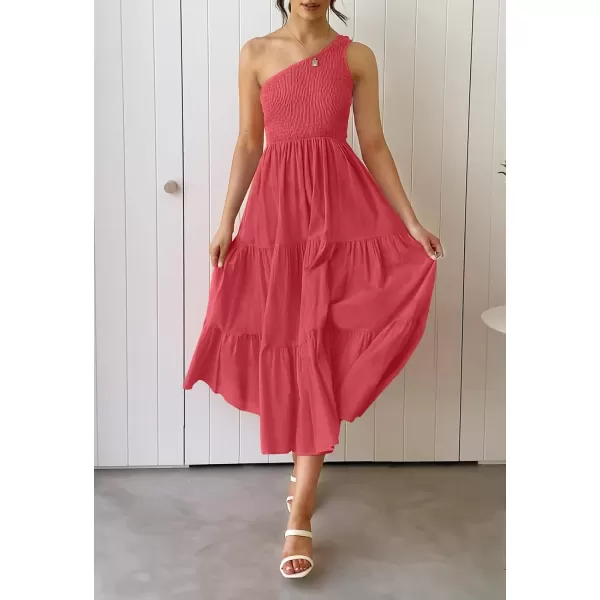 imageZESICA Womens 2023 Bohemian Summer Floral Print One Shoulder Sleeveless Smocked Ruffle Tiered Beach Long Midi DressSolidwatermelon