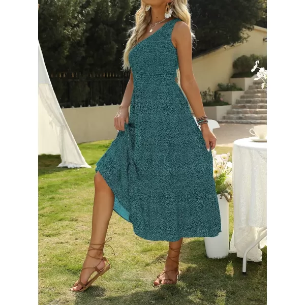 imageZESICA Womens 2023 Bohemian Summer Floral Print One Shoulder Sleeveless Smocked Ruffle Tiered Beach Long Midi DressTeal