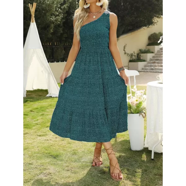 imageZESICA Womens 2023 Bohemian Summer Floral Print One Shoulder Sleeveless Smocked Ruffle Tiered Beach Long Midi DressTeal