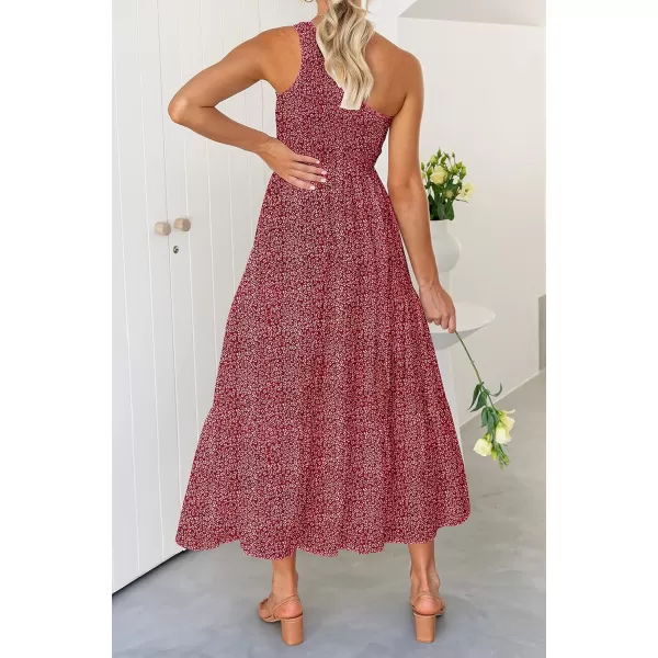imageZESICA Womens 2023 Bohemian Summer Floral Print One Shoulder Sleeveless Smocked Ruffle Tiered Beach Long Midi DressUrbanred