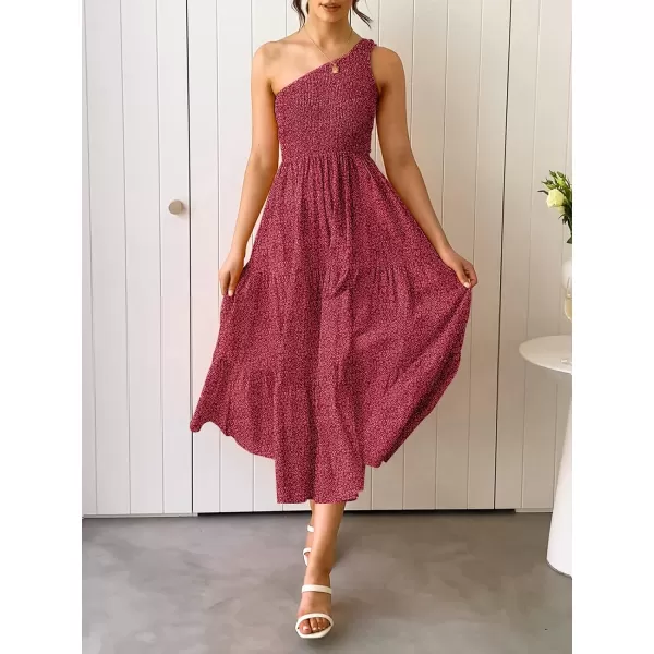 imageZESICA Womens 2023 Bohemian Summer Floral Print One Shoulder Sleeveless Smocked Ruffle Tiered Beach Long Midi DressUrbanred