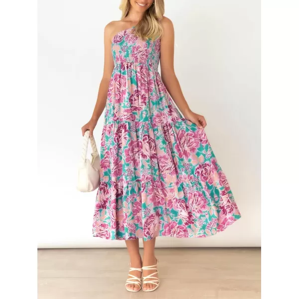 imageZESICA Womens 2023 Bohemian Summer Floral Print One Shoulder Sleeveless Smocked Ruffle Tiered Beach Long Midi DressViolet