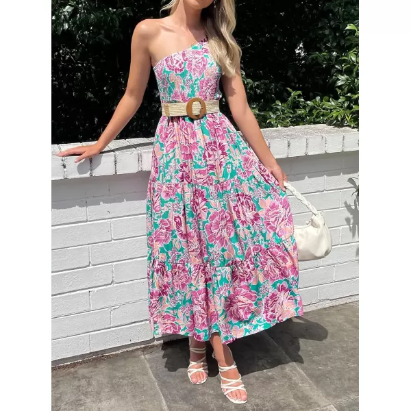 imageZESICA Womens 2023 Bohemian Summer Floral Print One Shoulder Sleeveless Smocked Ruffle Tiered Beach Long Midi DressViolet