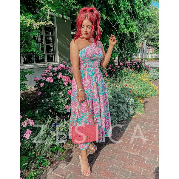 imageZESICA Womens 2023 Bohemian Summer Floral Print One Shoulder Sleeveless Smocked Ruffle Tiered Beach Long Midi DressViolet