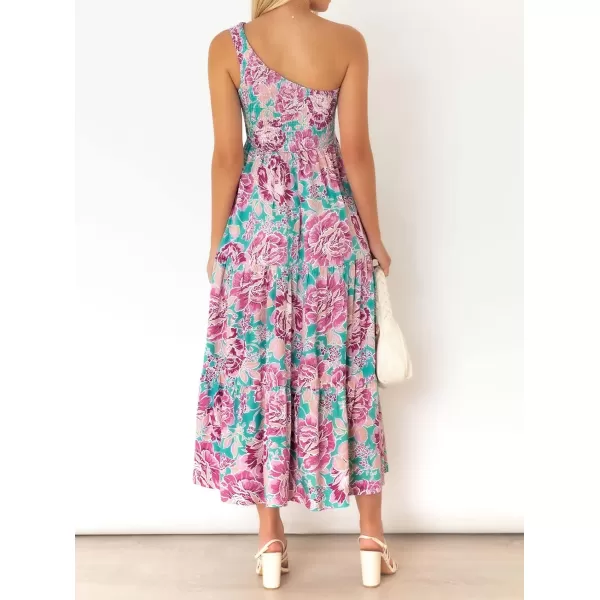 imageZESICA Womens 2023 Bohemian Summer Floral Print One Shoulder Sleeveless Smocked Ruffle Tiered Beach Long Midi DressViolet