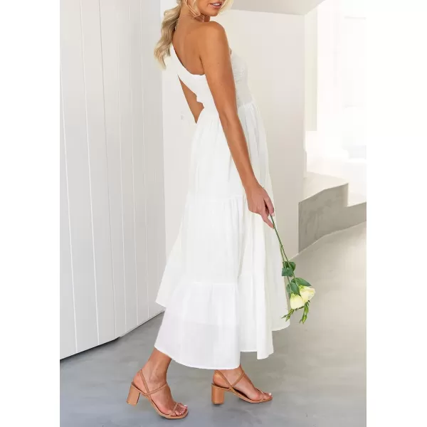 imageZESICA Womens 2023 Bohemian Summer Floral Print One Shoulder Sleeveless Smocked Ruffle Tiered Beach Long Midi DressWhite