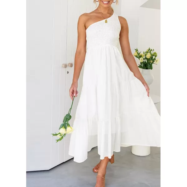 imageZESICA Womens 2023 Bohemian Summer Floral Print One Shoulder Sleeveless Smocked Ruffle Tiered Beach Long Midi DressWhite