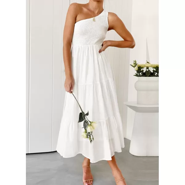 imageZESICA Womens 2023 Bohemian Summer Floral Print One Shoulder Sleeveless Smocked Ruffle Tiered Beach Long Midi DressWhite