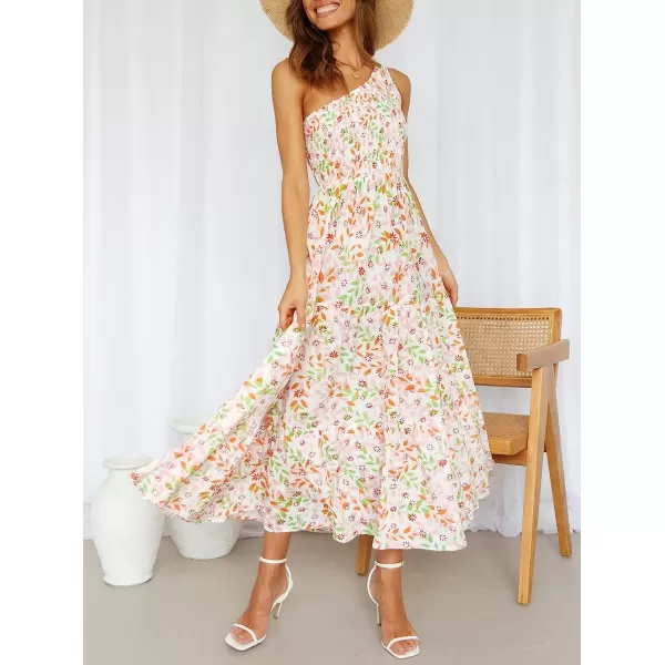imageZESICA Womens 2023 Bohemian Summer Floral Print One Shoulder Sleeveless Smocked Ruffle Tiered Beach Long Midi DressWhitepink