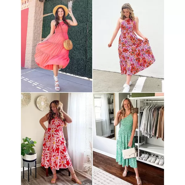 imageZESICA Womens 2023 Bohemian Summer Floral Print One Shoulder Sleeveless Smocked Ruffle Tiered Beach Long Midi DressWhitepink