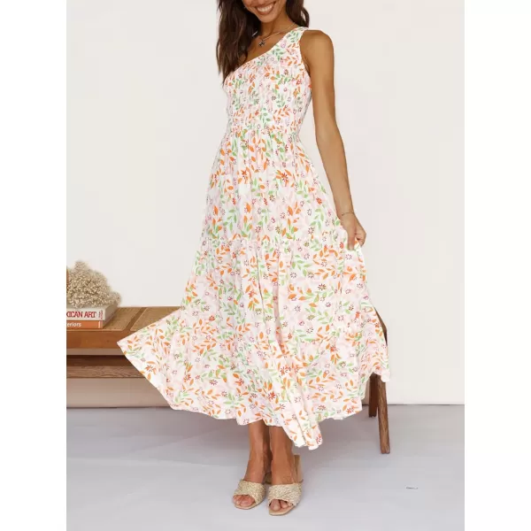 imageZESICA Womens 2023 Bohemian Summer Floral Print One Shoulder Sleeveless Smocked Ruffle Tiered Beach Long Midi DressWhitepink