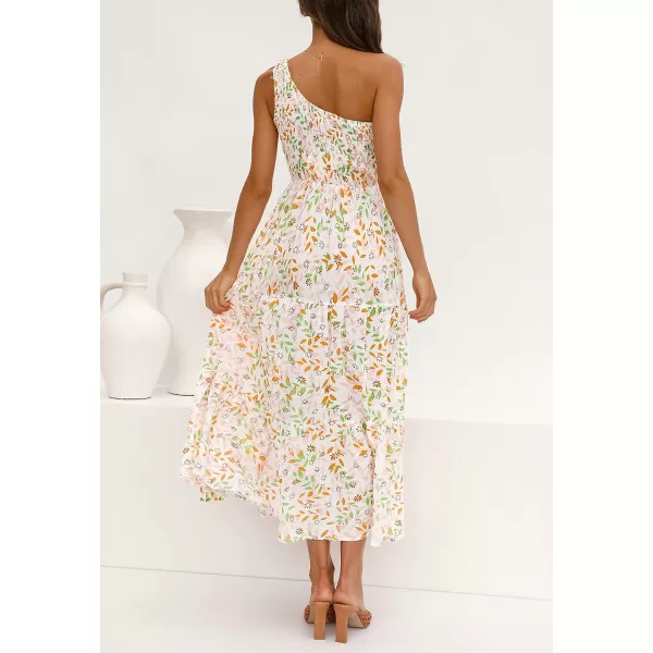 imageZESICA Womens 2023 Bohemian Summer Floral Print One Shoulder Sleeveless Smocked Ruffle Tiered Beach Long Midi DressWhitepink