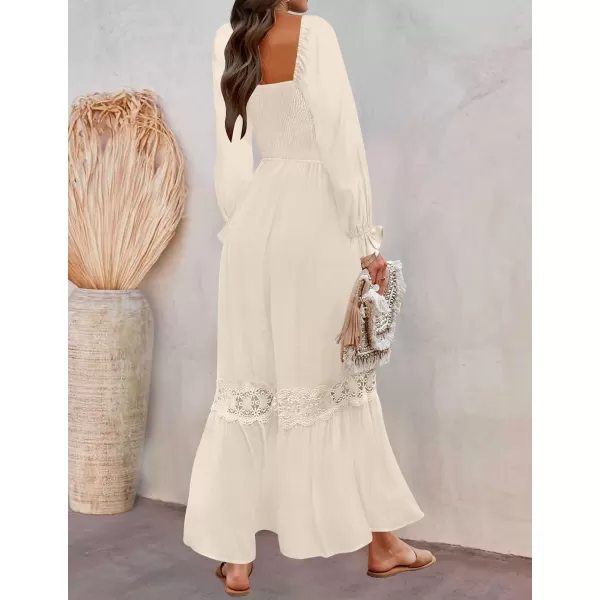 imageZESICA Womens 2023 Boho Long Sleeve Square Neck Smocked High Waist Flowy A Line Lace Trim Maxi DressApricot
