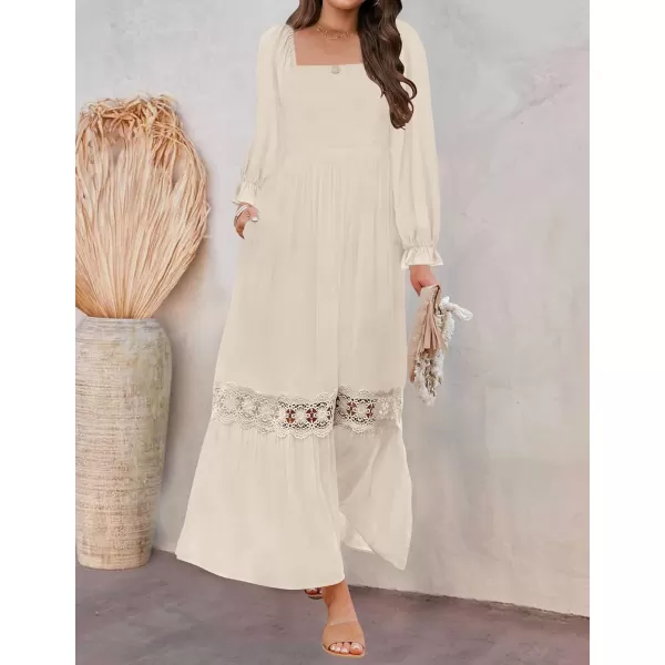 imageZESICA Womens 2023 Boho Long Sleeve Square Neck Smocked High Waist Flowy A Line Lace Trim Maxi DressApricot