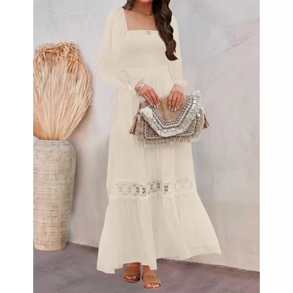 imageZESICA Womens 2023 Boho Long Sleeve Square Neck Smocked High Waist Flowy A Line Lace Trim Maxi DressApricot