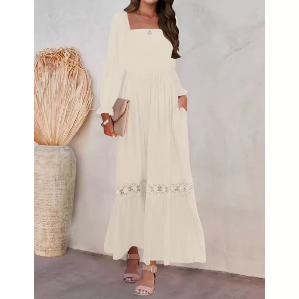 imageZESICA Womens 2023 Boho Long Sleeve Square Neck Smocked High Waist Flowy A Line Lace Trim Maxi DressApricot