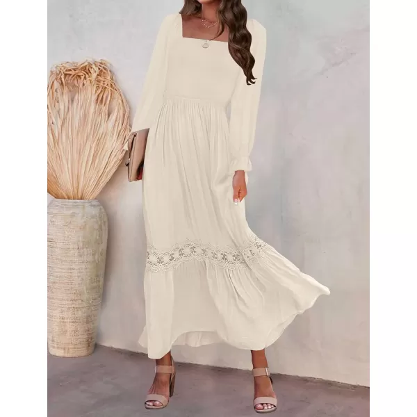 imageZESICA Womens 2023 Boho Long Sleeve Square Neck Smocked High Waist Flowy A Line Lace Trim Maxi DressApricot