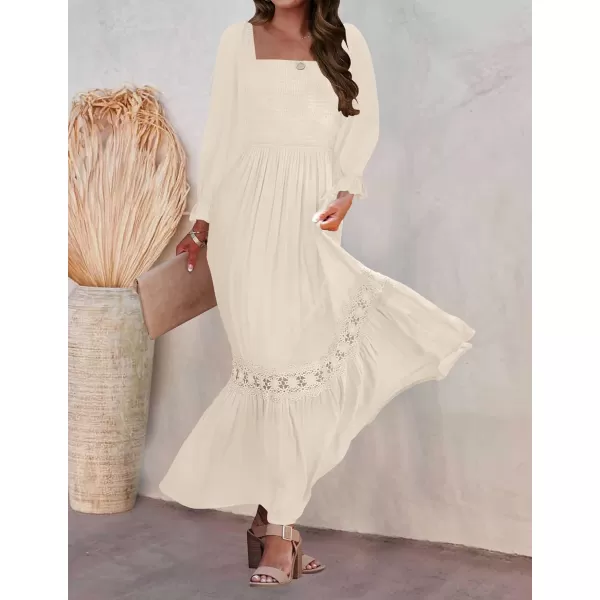 imageZESICA Womens 2023 Boho Long Sleeve Square Neck Smocked High Waist Flowy A Line Lace Trim Maxi DressApricot