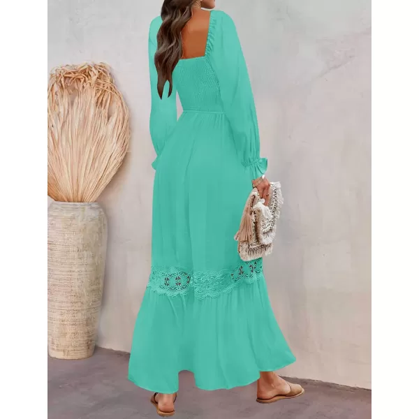 imageZESICA Womens 2023 Boho Long Sleeve Square Neck Smocked High Waist Flowy A Line Lace Trim Maxi DressAqua