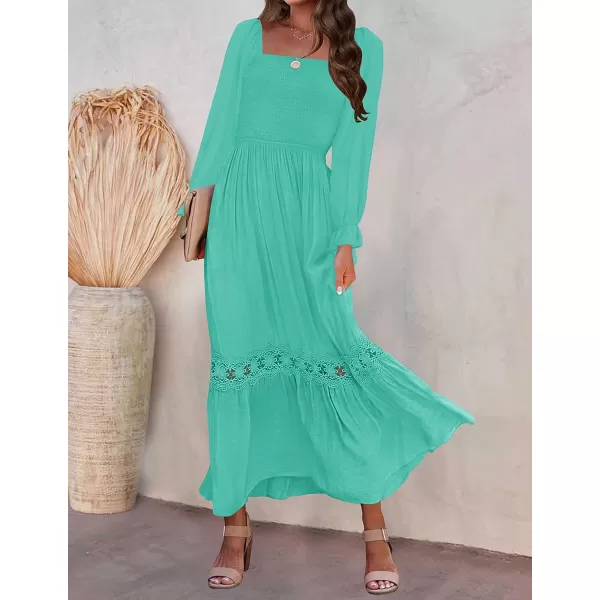 imageZESICA Womens 2023 Boho Long Sleeve Square Neck Smocked High Waist Flowy A Line Lace Trim Maxi DressAqua