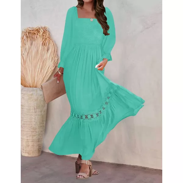imageZESICA Womens 2023 Boho Long Sleeve Square Neck Smocked High Waist Flowy A Line Lace Trim Maxi DressAqua