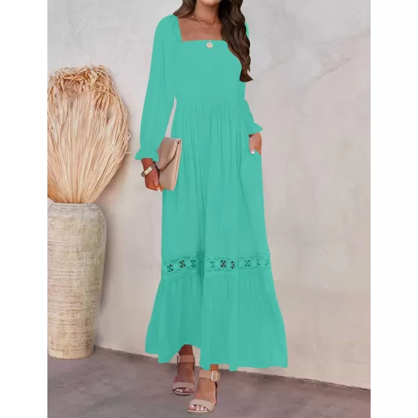imageZESICA Womens 2023 Boho Long Sleeve Square Neck Smocked High Waist Flowy A Line Lace Trim Maxi DressAqua