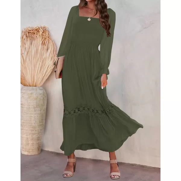 imageZESICA Womens 2023 Boho Long Sleeve Square Neck Smocked High Waist Flowy A Line Lace Trim Maxi DressArmygreen