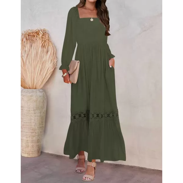 imageZESICA Womens 2023 Boho Long Sleeve Square Neck Smocked High Waist Flowy A Line Lace Trim Maxi DressArmygreen