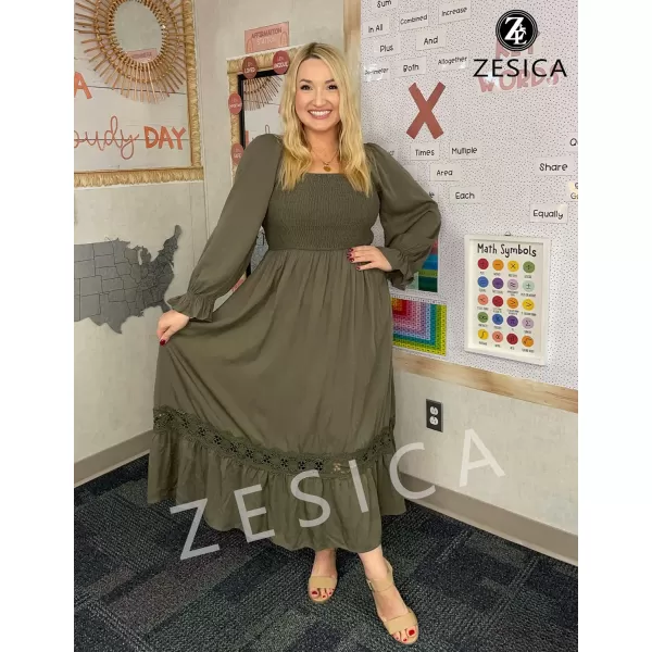 imageZESICA Womens 2023 Boho Long Sleeve Square Neck Smocked High Waist Flowy A Line Lace Trim Maxi DressArmygreen